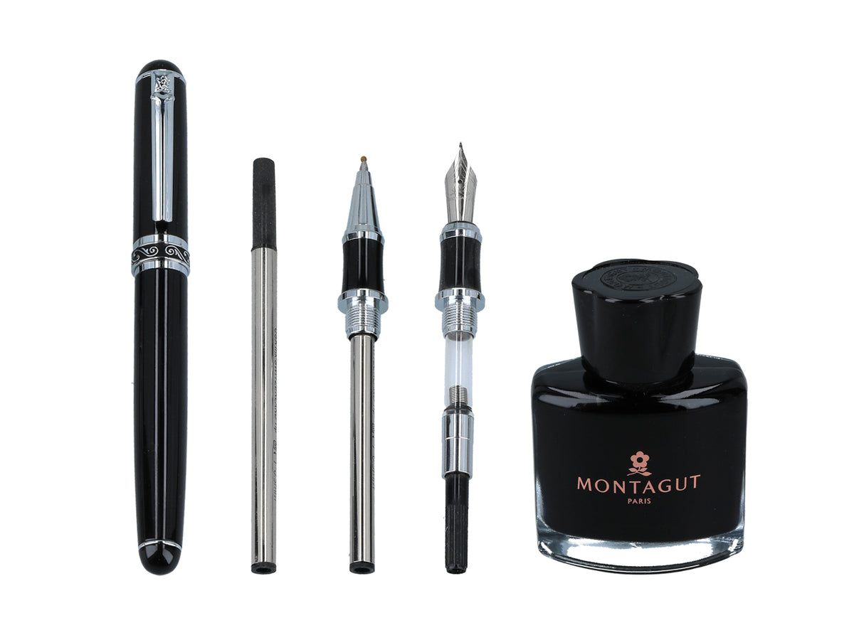 Set d’écriture, 20.5 x 20.5 cm, stylo-plume, stylo à bille, porte-mines, encrier avec encre