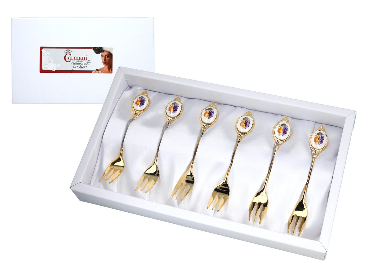 Set di 6 forchettine, forchettine rivestite in oro 24K, motivo a frutta