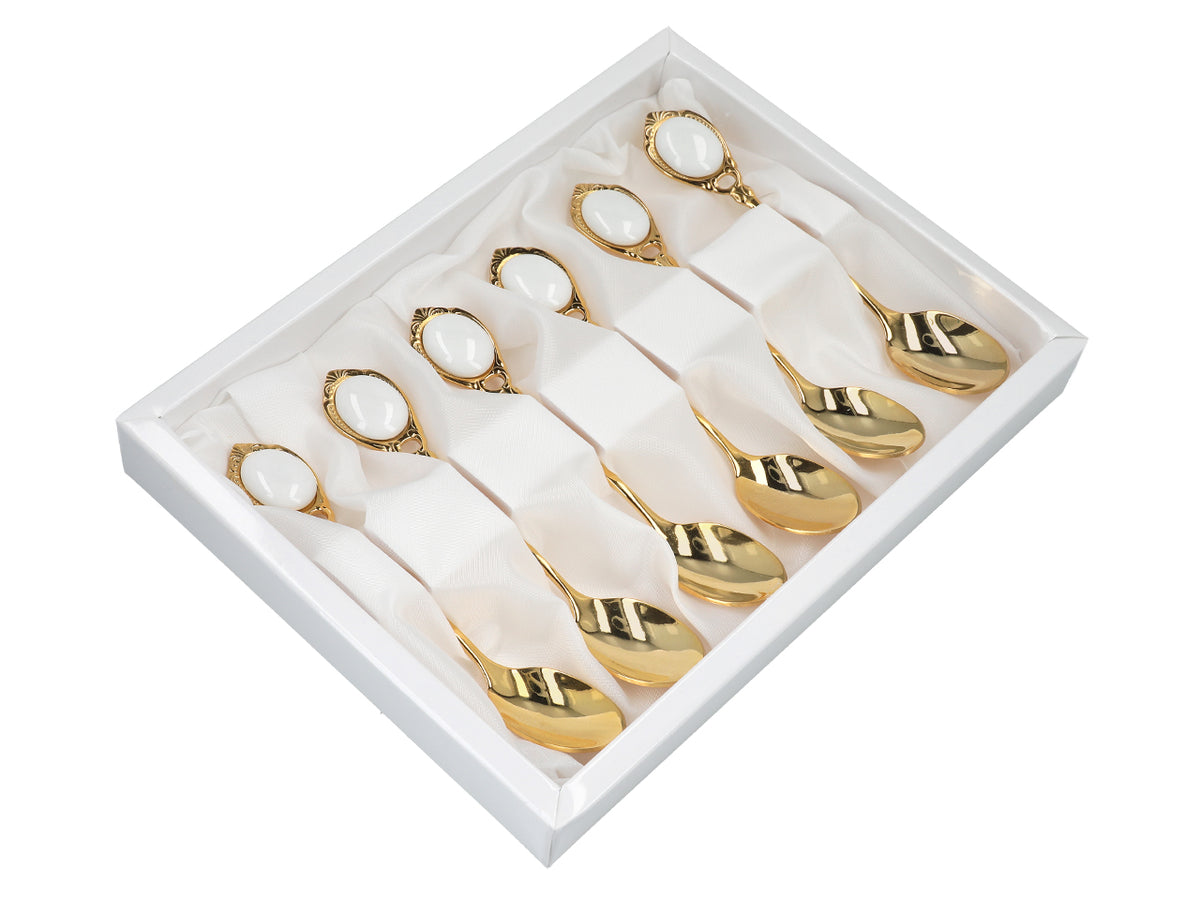 Ensemble de 6 cuillères à café plaquées or 24 carats Yeux blancs CARMANI personnalisable par gravure - cadeau élégant pour toutes les occasions, dimensions 13 cm