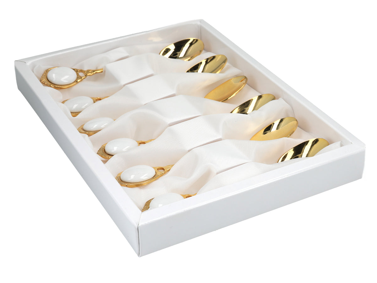 Ensemble de 6 cuillères à café plaquées or 24 carats Yeux blancs CARMANI personnalisable par gravure - cadeau élégant pour toutes les occasions, dimensions 13 cm