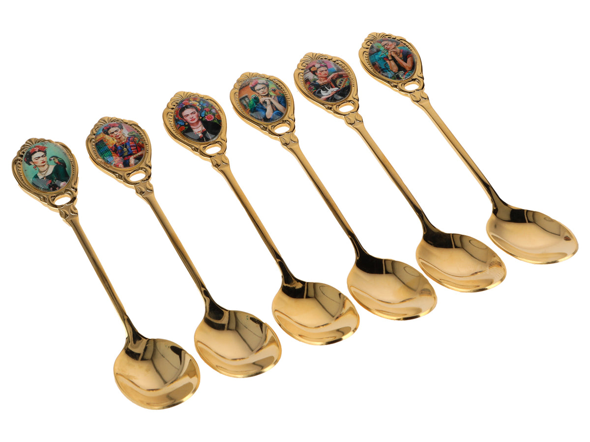 Set di 6 cucchiaini rivestiti in oro 24K F. Kahlo, personalizzabile con incisione - elegante posata da regalo, 13 cm, CARMANI