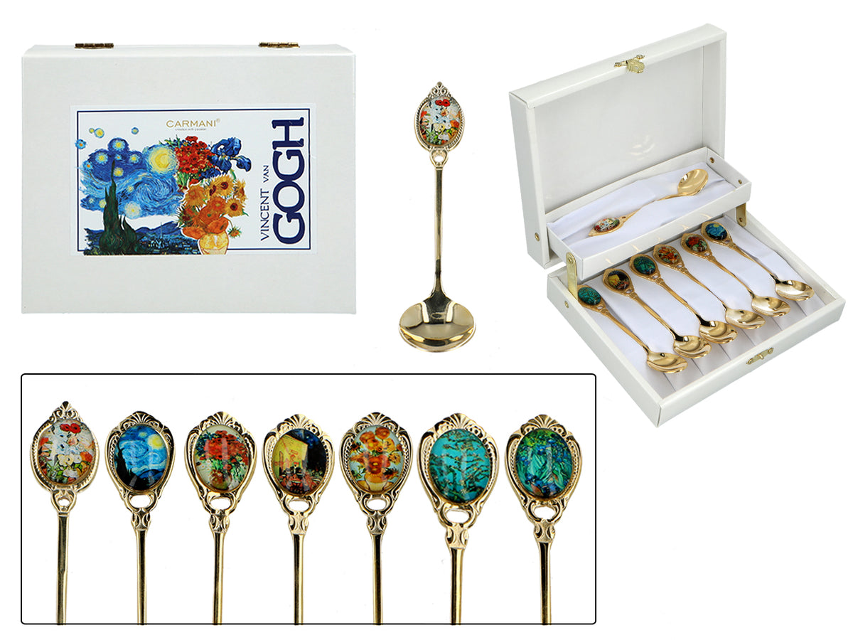 Set de 6 cuillères plaquées or 24K avec 1 cuillère à sucre - V. van Gogh, assortiment, personnalisable par gravure, élégant emballage cadeau, dimensions 13 cm