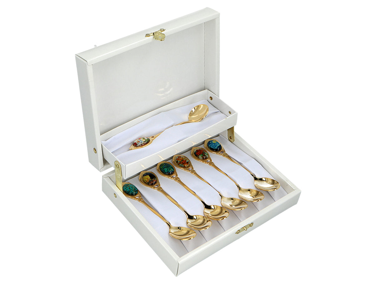 Set de 6 cuillères plaquées or 24K avec 1 cuillère à sucre - V. van Gogh, assortiment, personnalisable par gravure, élégant emballage cadeau, dimensions 13 cm