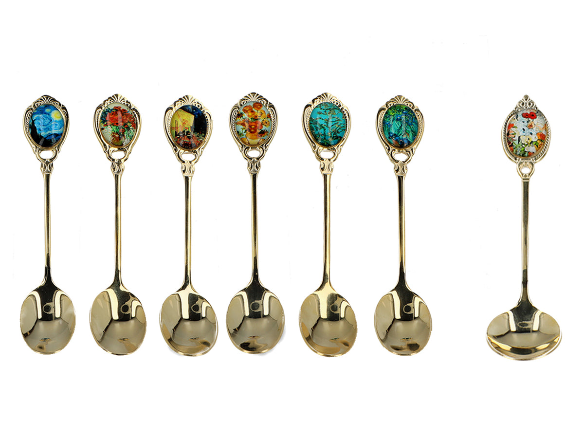 Set de 6 cuillères plaquées or 24K avec 1 cuillère à sucre - V. van Gogh, assortiment, personnalisable par gravure, élégant emballage cadeau, dimensions 13 cm