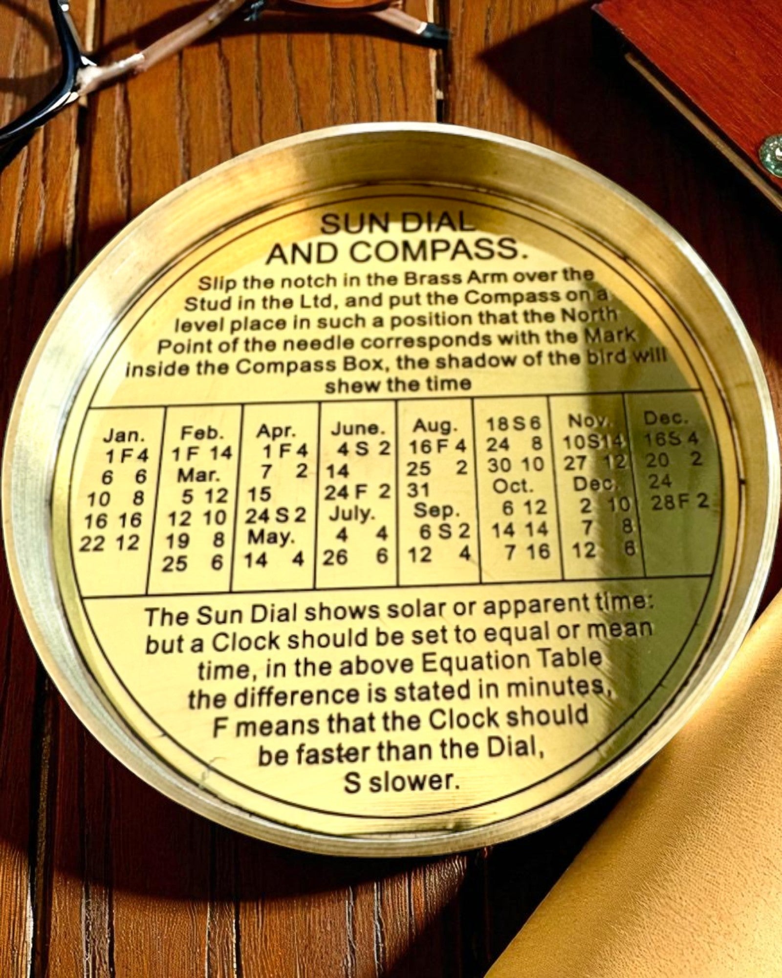 Voyager 7cm Sundial Compass – brass sundial with compass, personalized engraving for a gift