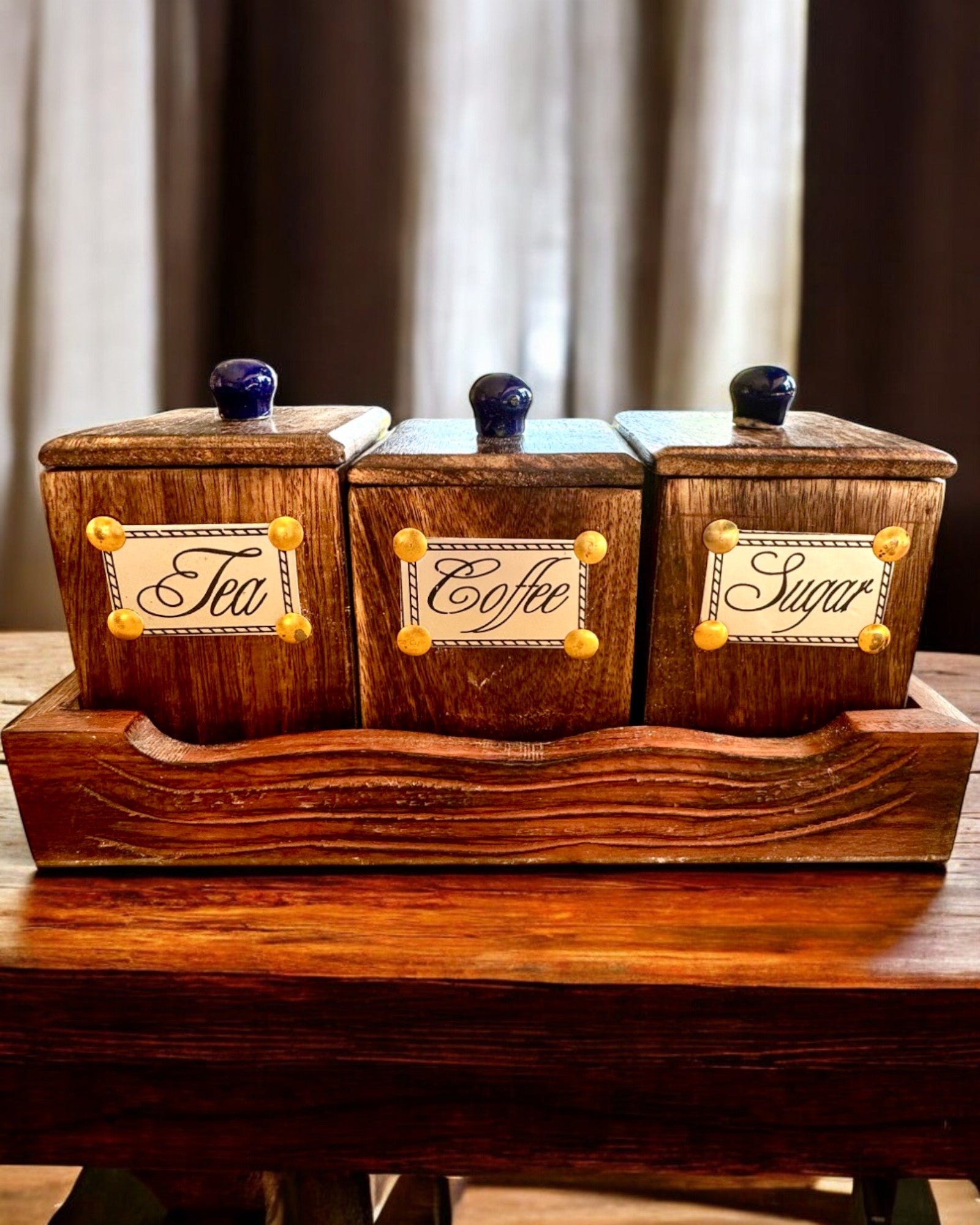 Ensemble Royal Trio – Thé, Café, Sucre en bois de Shisham, fait à la main, avec option de gravure pour cadeau