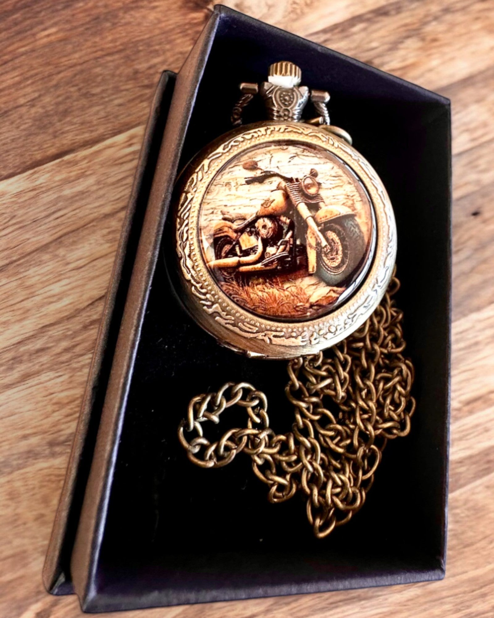 Retro Pocket Watch "Motorcycle Style", customizable with engraving for a gift