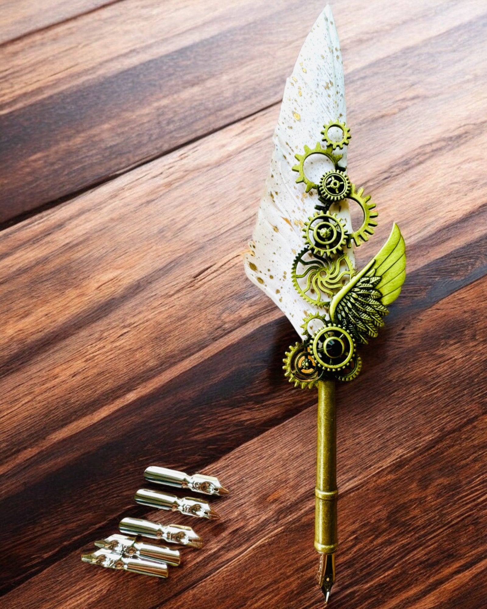 "Steampunk Elegance" Calligraphy Pen with Turkey Feather - Handcrafted, 5 Variants to Choose From, Custom Engraving for Gift