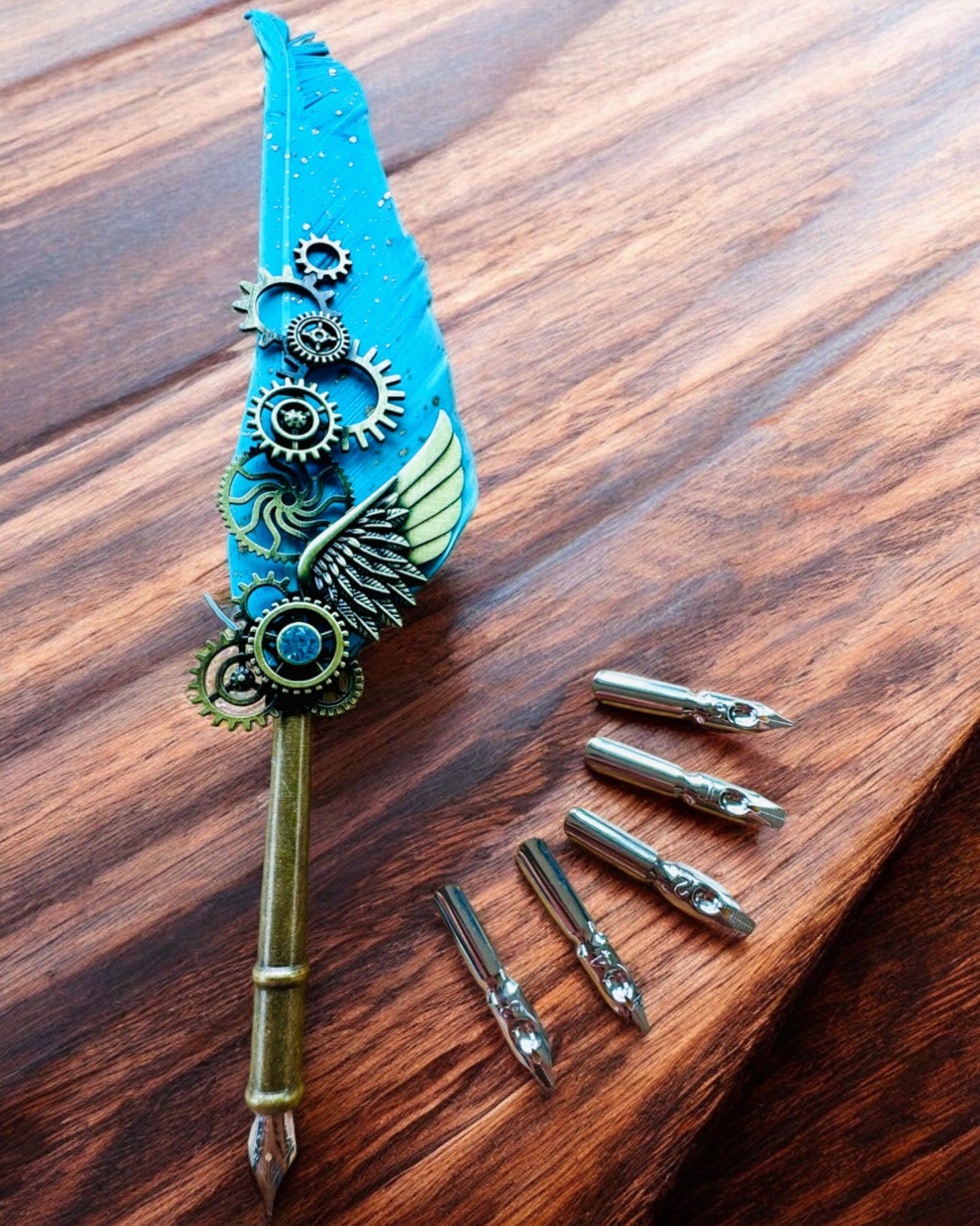"Steampunk Elegance" Calligraphy Pen with Turkey Feather - Handcrafted, 5 Variants to Choose From, Custom Engraving for Gift