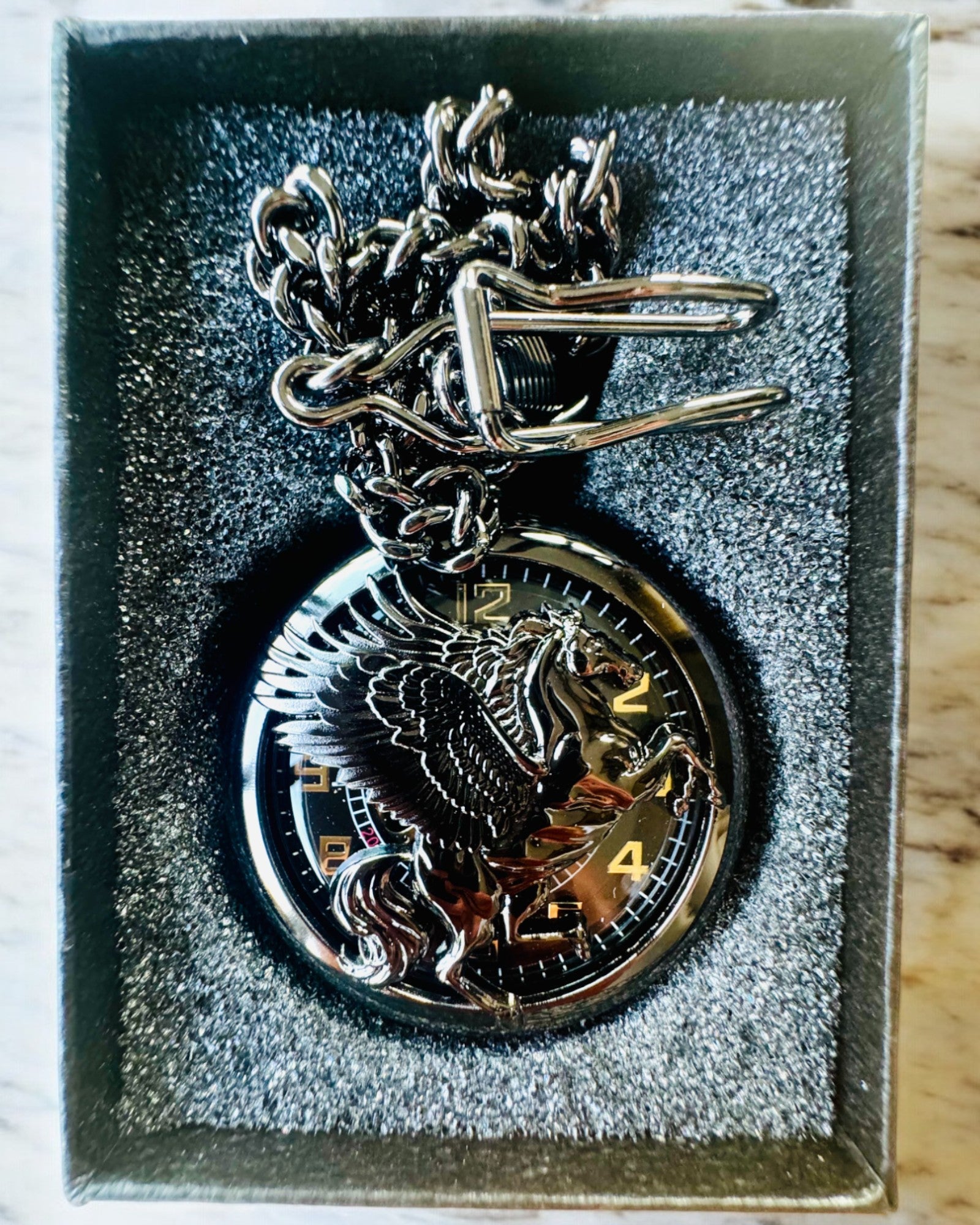 Orologio da Tasca "Equus Tempus" - Nero con Motivo Cavallo, possibilità di personalizzazione con incisione - quadrante nero