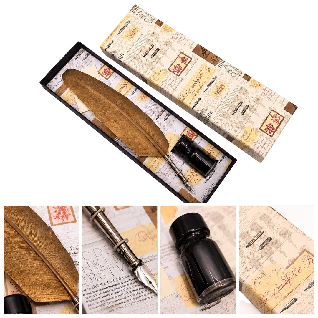 Kalligrafie-Set - goldene Gänsefeder mit Schreibfeder + Tinte – 7262