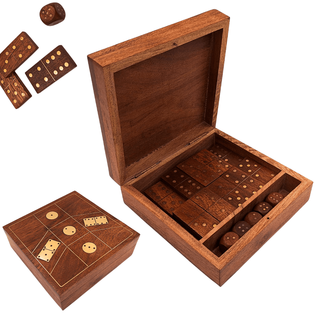 Spieleset – Domino und Spielwürfel in einer Holzbox – DO-002