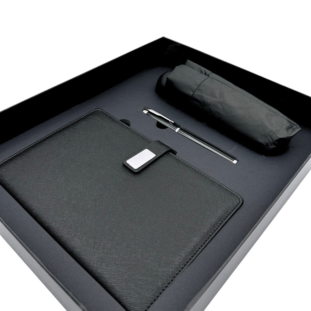 Elegantes Geschenkset - Ledernotizbuch mit Regenschirm und Kugelschreiber in Geschenkbox - EE12