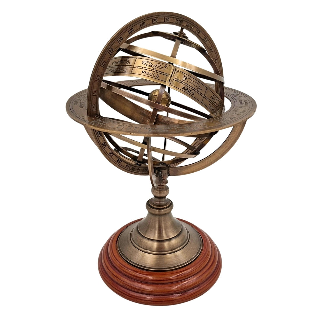 Astrolabe sphérique en laiton sur socle en bois 28 cm avec possibilité de personnalisation par gravure