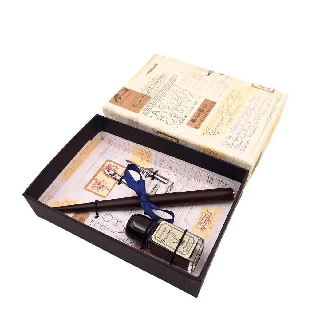 Kalligrafie-Set - Feder mit zwei Schreibfedern + Tintenfass - 5422