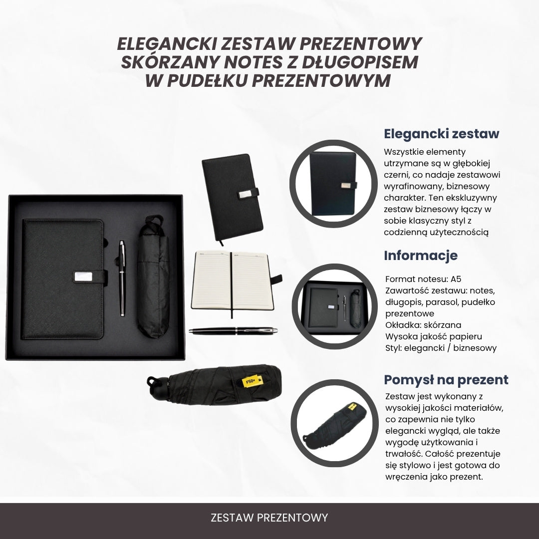 Elegantes Geschenkset - Ledernotizbuch mit Regenschirm und Kugelschreiber in Geschenkbox - EE12