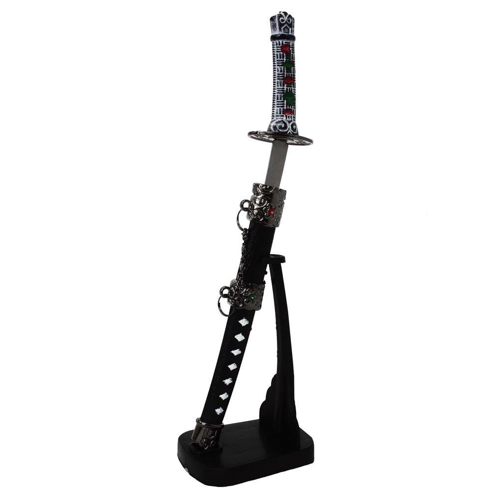 Personalisierter Brieföffner in Form eines Samuraischwerts mit Gravur auf Ständer, 21 cm hoch