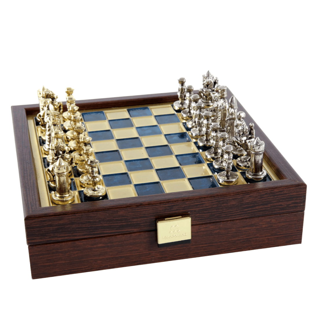 Échiquier élégant haut de gamme en laiton 20x20cm, style byzantin, avec gravure personnalisée - Cadeau idéal pour un joueur d’échecs et un passionné d’histoire - Pièces fabriquées à la main avec finition dorée et argentée