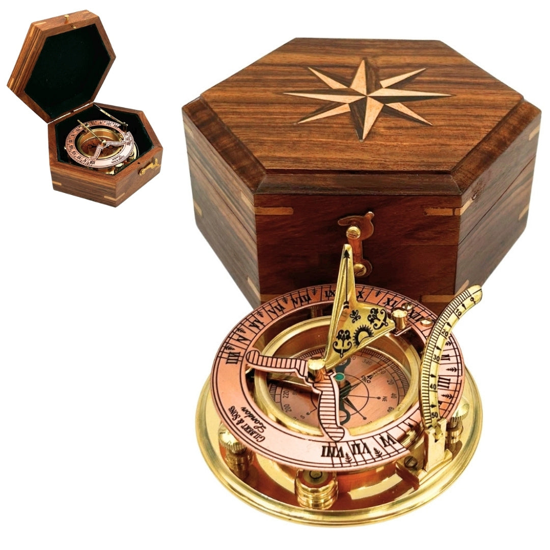 Brass Compass with Sundial in an Elegant Wooden Box - Perfect Personalized Gift with Engraving Option - Retro Style, Classic Craftsmanship, High Quality