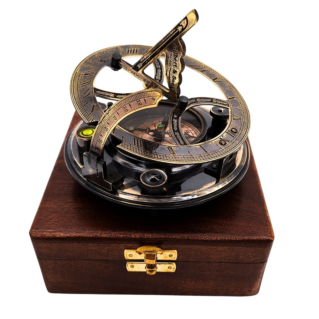 Brass Compass Sundial in a Wooden Box with Engraving Option