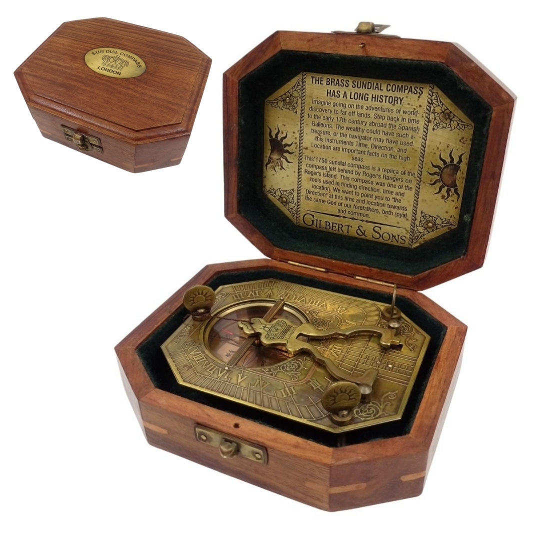 Sonnenuhr mit Kompass in Holzkästchen – Retro-Geschenk für Reisende – SUN-0106