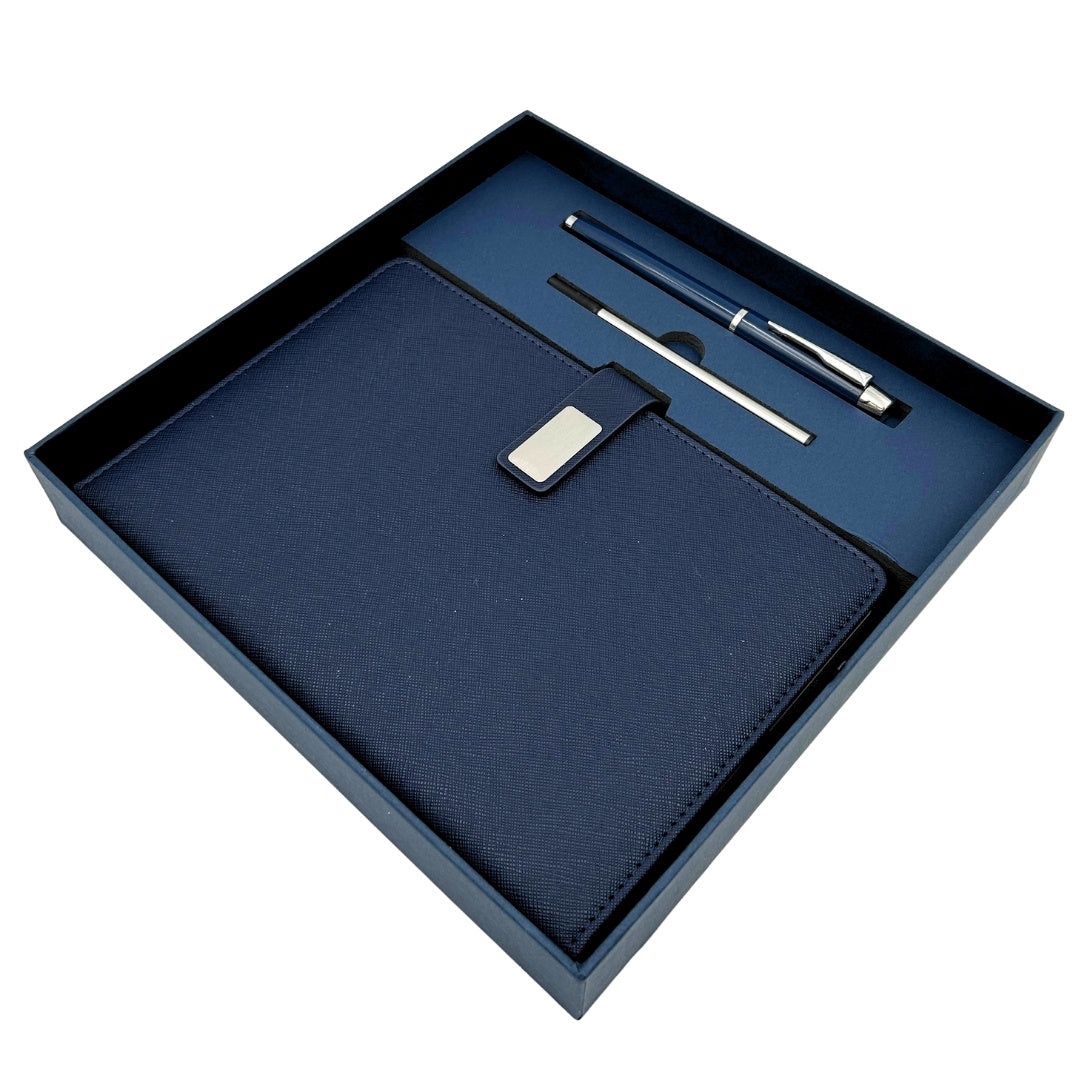 Elegantes Geschenkset marineblaues Ledernotizbuch A5 mit Kugelschreiber in Geschenkbox - EE13