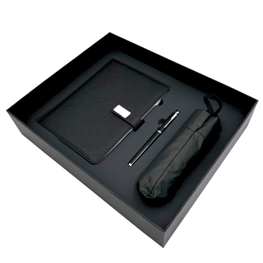 Elegantes Geschenkset - Ledernotizbuch mit Regenschirm und Kugelschreiber in Geschenkbox - EE12
