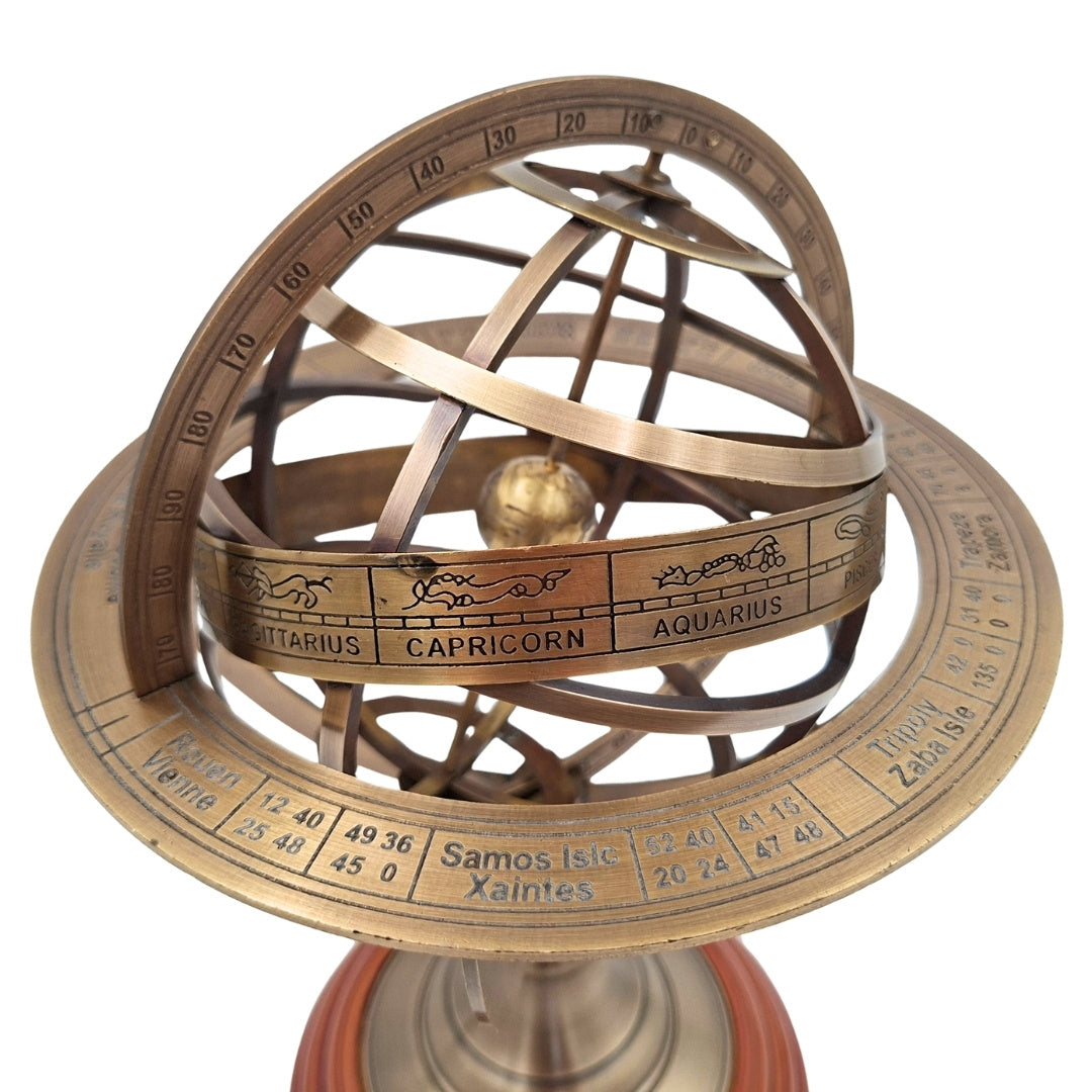 Astrolabe sphérique en laiton sur socle en bois 28 cm avec possibilité de personnalisation par gravure