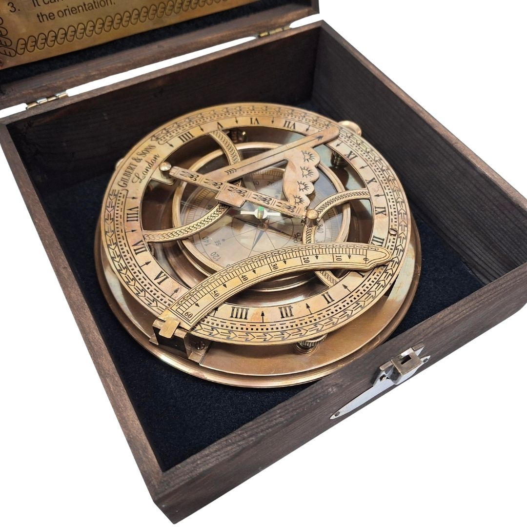 20 cm Brass Compass with Sundial in a Wooden Box with Personalized Engraving Option