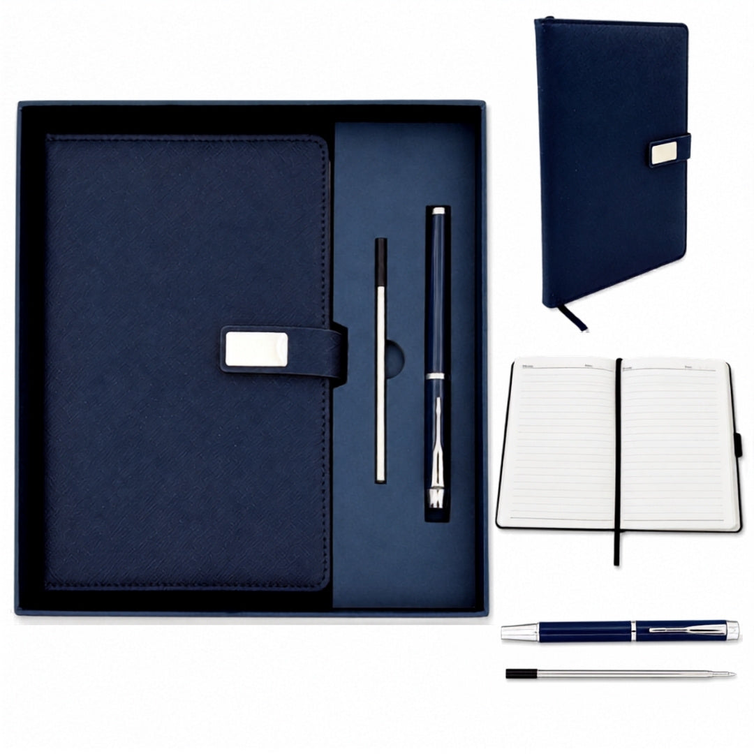 Elegantes Geschenkset marineblaues Ledernotizbuch A5 mit Kugelschreiber in Geschenkbox - EE13