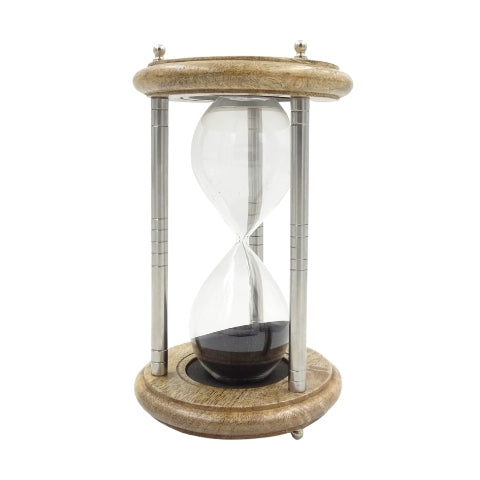 Sablier en laiton et bois 10 min avec gravure - Cadeau élégant noir, hauteur 25 cm, fabriqué en métal, verre et bois de manguier