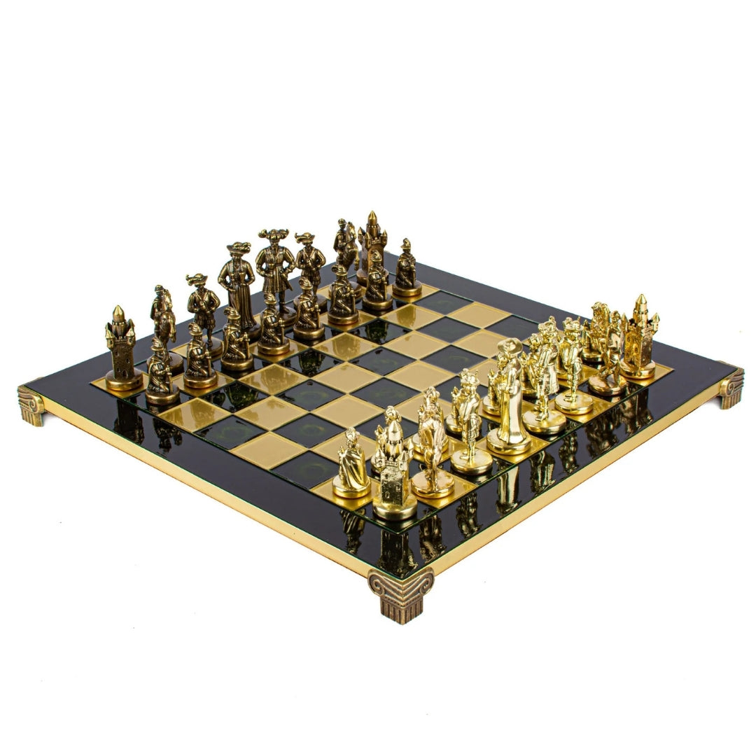 Exklusive Metallschachfiguren – Messing-Schachbrett 44 x 44cm – Mittelalter – S12CBLU