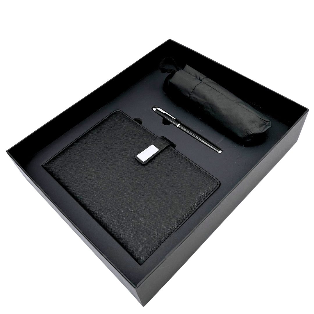 Elegantes Geschenkset - Ledernotizbuch mit Regenschirm und Kugelschreiber in Geschenkbox - EE12