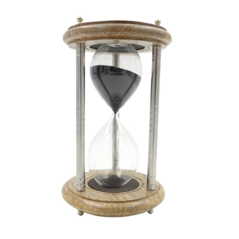 Sablier en laiton et bois 10 min avec gravure - Cadeau élégant noir, hauteur 25 cm, fabriqué en métal, verre et bois de manguier