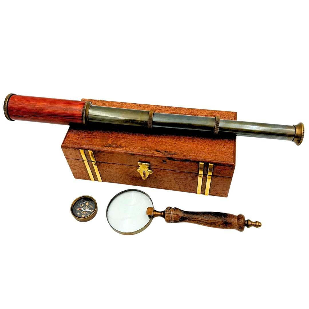Exklusives Retro-Geschenkset – Fernrohr, Kompass und Lupe - NC102369