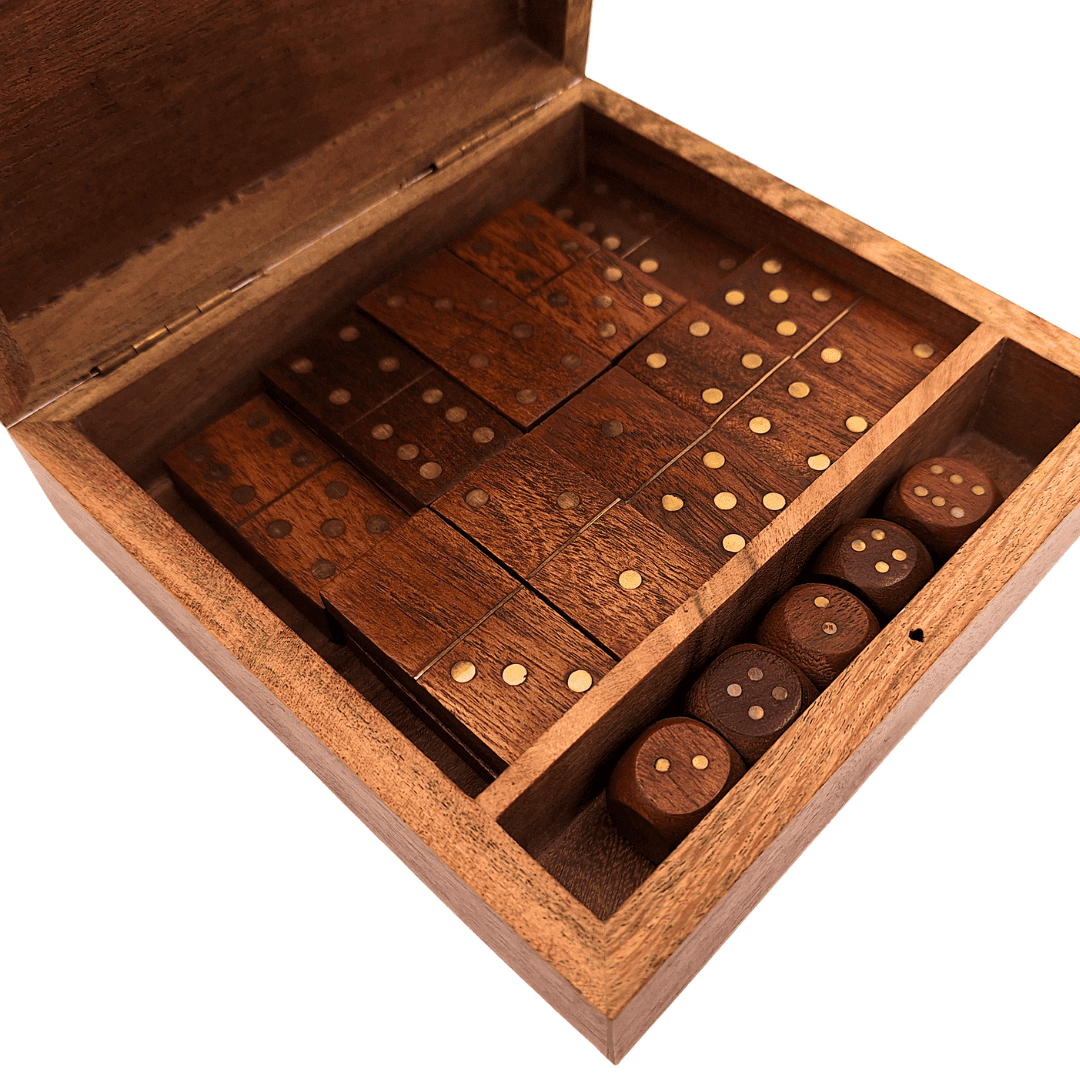 Spieleset – Domino und Spielwürfel in einer Holzbox – DO-002