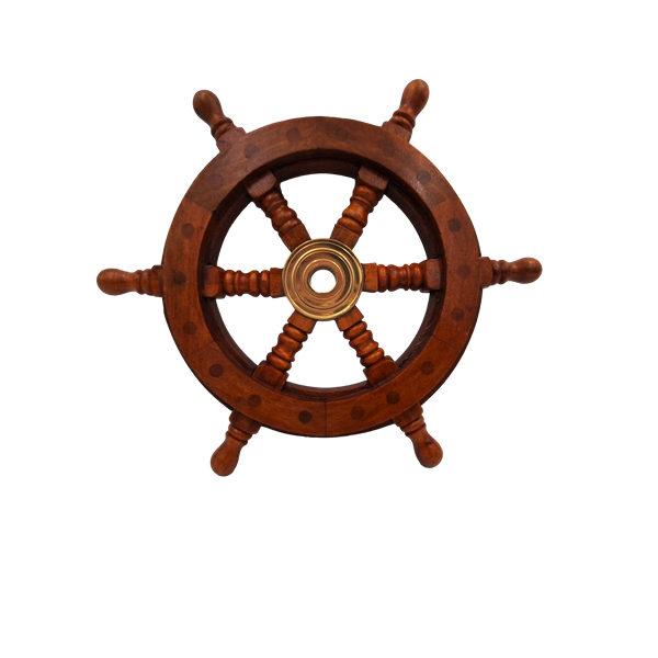 Roue de gouvernail en bois avec insert en laiton et emplacement pour coin - diamètre 30 cm - cadeau idéal avec possibilité de gravure personnalisée - style marin et rétro