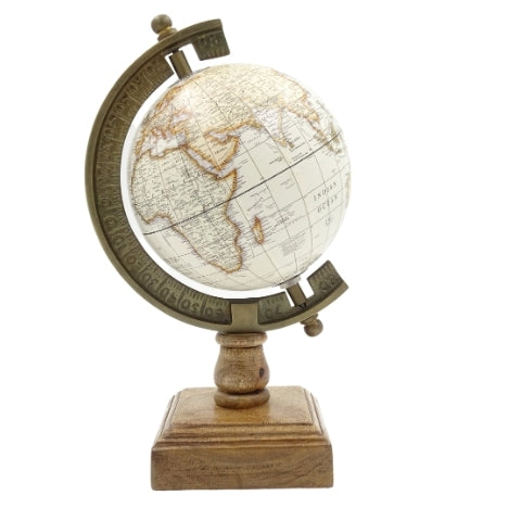 Globe décoratif stylé Amundsen sur socle en bois avec gravure - Décoration élégante pour intérieurs classiques, lofts et style colonial, idéal comme cadeau - Hauteur 26,5 cm, couleur blanc-brun, touche éducative en anglais