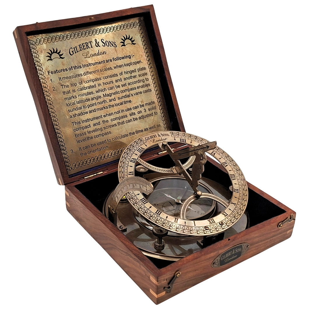 Grande boussole en laiton XXL avec cadran solaire dans un élégant coffret en bois