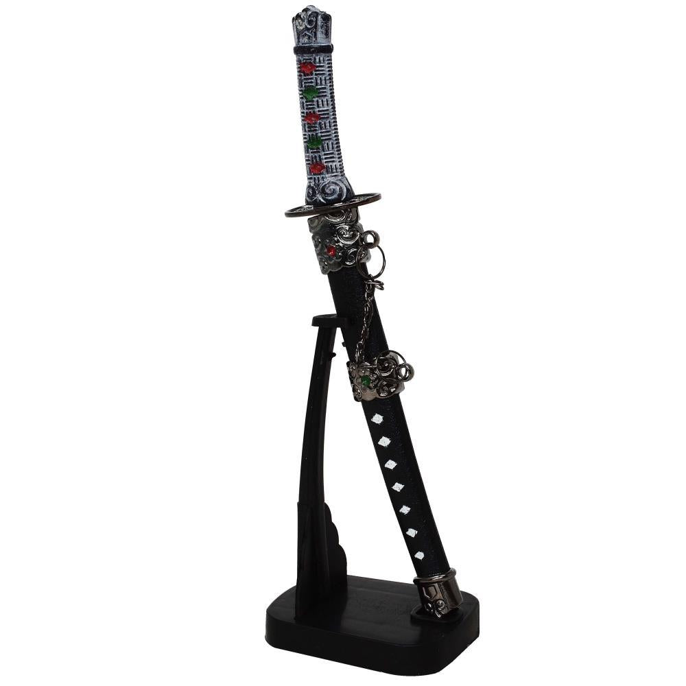 Personalisierter Brieföffner in Form eines Samuraischwerts mit Gravur auf Ständer, 21 cm hoch