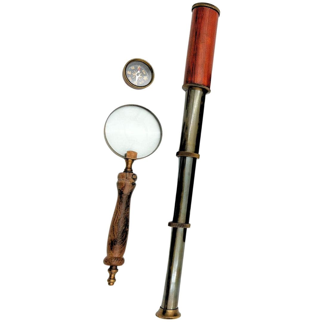 Exklusives Retro-Geschenkset – Fernrohr, Kompass und Lupe - NC102369
