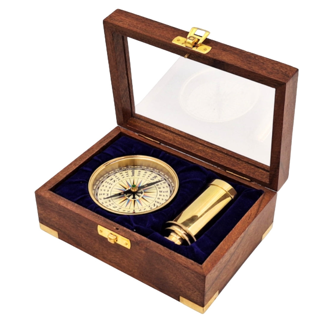 Gift Set with Brass Compass and Telescope in an Elegant Wooden Box with Engraving