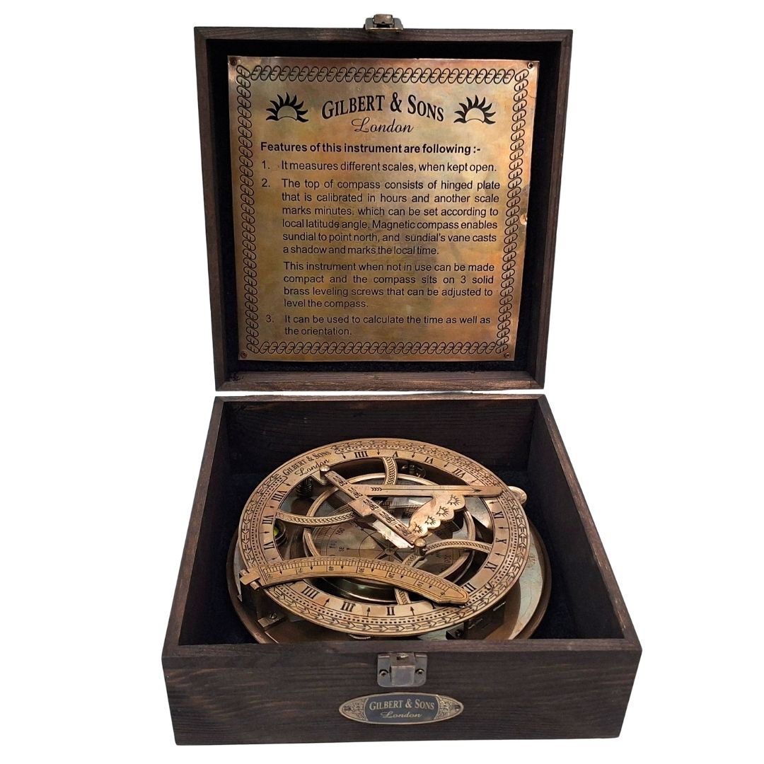 20 cm Brass Compass with Sundial in a Wooden Box with Personalized Engraving Option