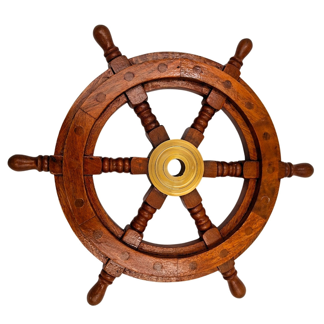 Roue de gouvernail en bois avec insert en laiton et emplacement pour coin - diamètre 30 cm - cadeau idéal avec possibilité de gravure personnalisée - style marin et rétro