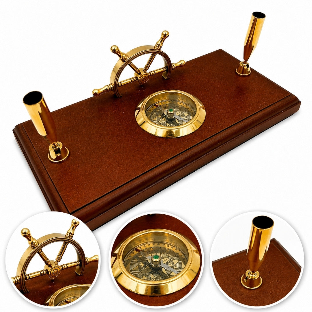 Maritimes Schreibtischset – Steuerrad, Kompass, Stifthalter – TT019