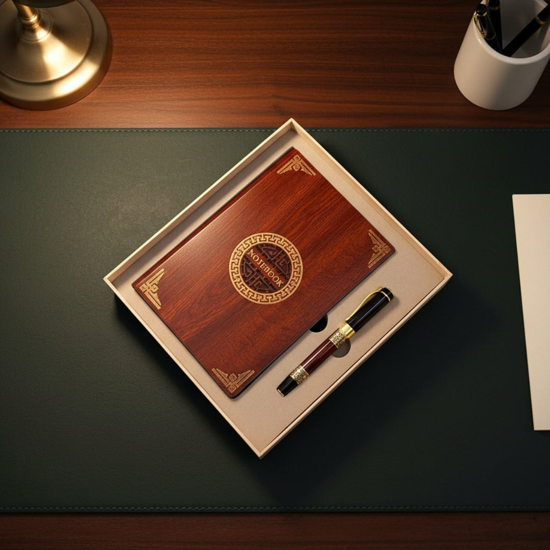 Exklusives Premium-Geschenkset Notizbuch A5 aus Holz + Kugelschreiber – EE2