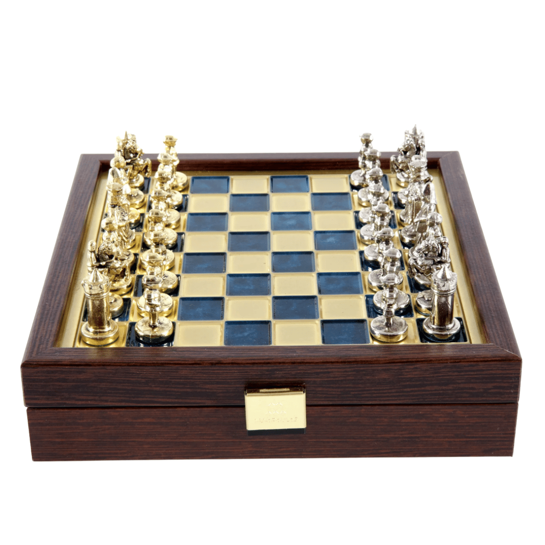 Échiquier élégant haut de gamme en laiton 20x20cm, style byzantin, avec gravure personnalisée - Cadeau idéal pour un joueur d’échecs et un passionné d’histoire - Pièces fabriquées à la main avec finition dorée et argentée
