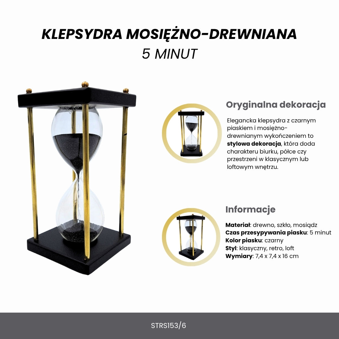 Sanduhr aus Messing und Holz 5 Minuten – schwarzer Sand – elegante Retro-Dekoration - STRS