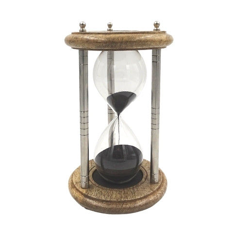 Sablier en laiton et bois 10 min avec gravure - Cadeau élégant noir, hauteur 25 cm, fabriqué en métal, verre et bois de manguier