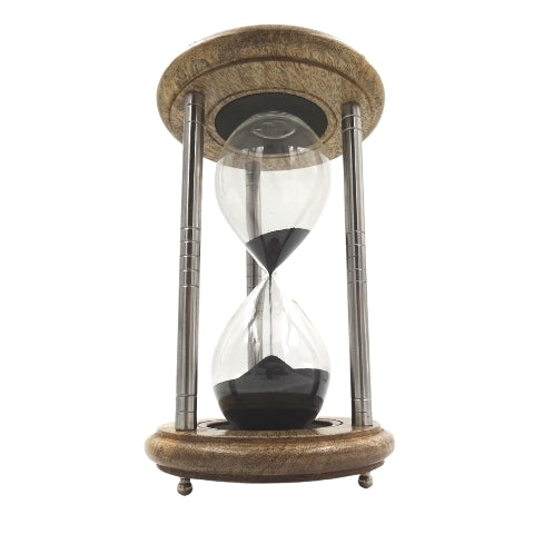 Sablier en laiton et bois 10 min avec gravure - Cadeau élégant noir, hauteur 25 cm, fabriqué en métal, verre et bois de manguier